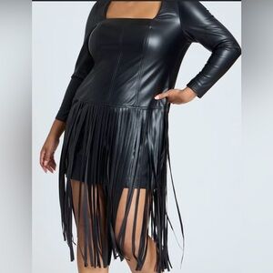 ELOQUII Fringe Faux Leather Dress 24 NWT Black Midi Sold Out Statement Plus Size